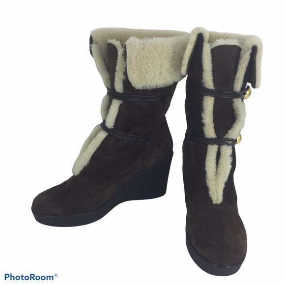 Coach Shoes - COACH 9M Wedge Mid Calf  Booties Brown Suede Leather Fleece Winter